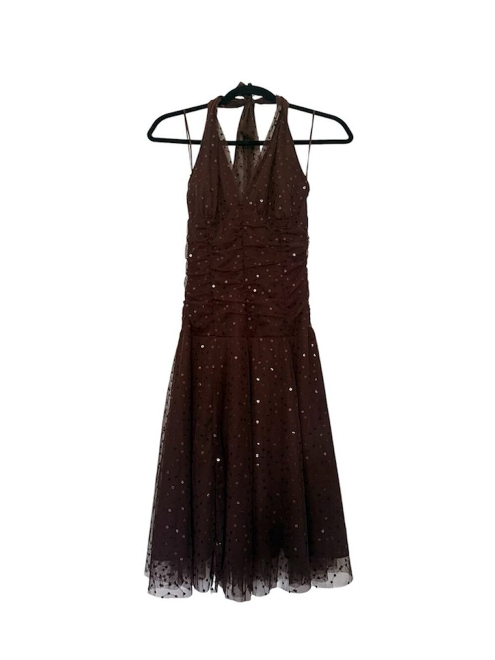 Vintage Y2K Necessary Objects Brown Sequin Halter Tulle Mini Dress Size Small